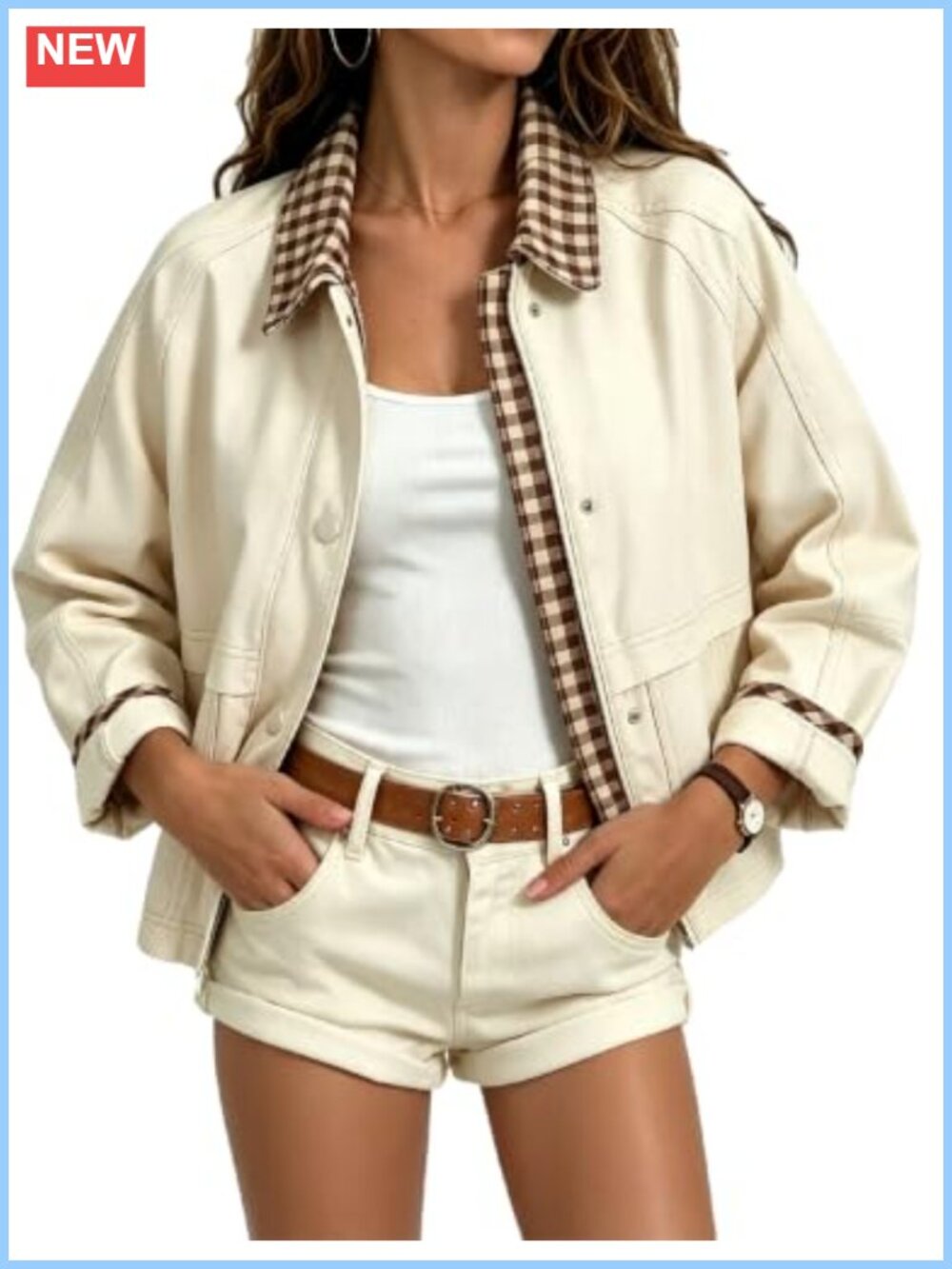 Women's Plaid Cropped Bomber Jacket Casual Fall Shacket Zip Up